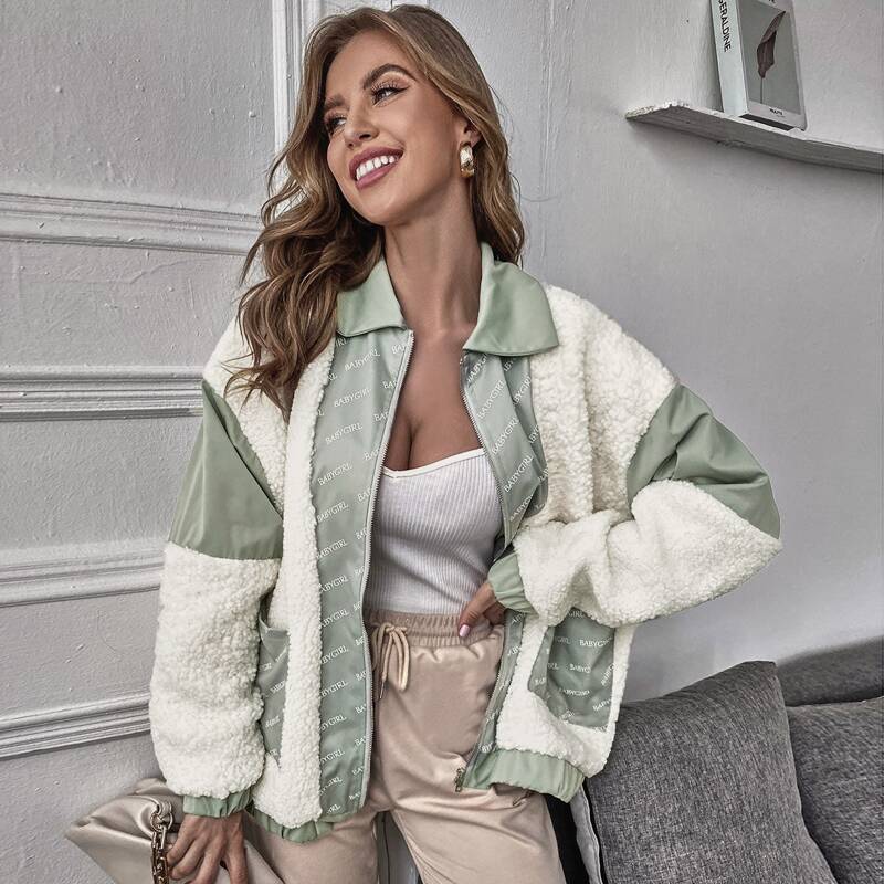 

Letter Graphic Drop Shoulder Teddy Jacket, Multicolor