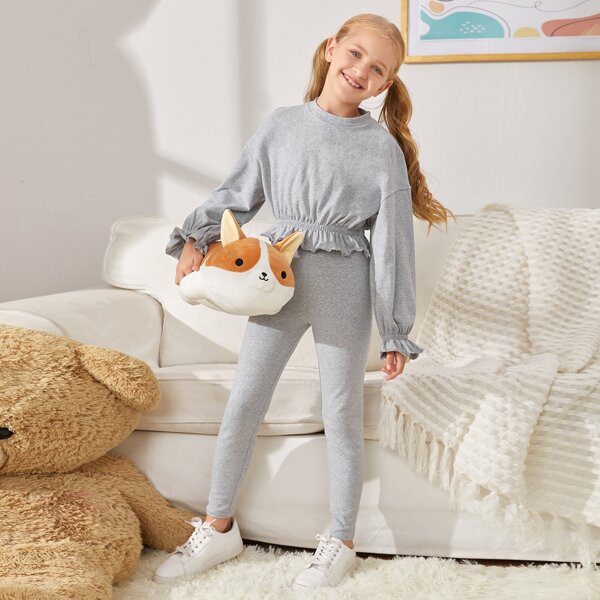 

Girls Drop Shoulder Ruffle Trim Top & Leggings Set, Light grey