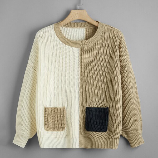 

Plus Two Tone Dual Pocket Drop Shoulder Sweater, Multicolor