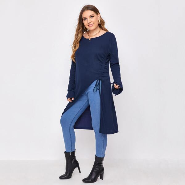 

Plus Drawstring Front High Low Hem Tee, Navy blue