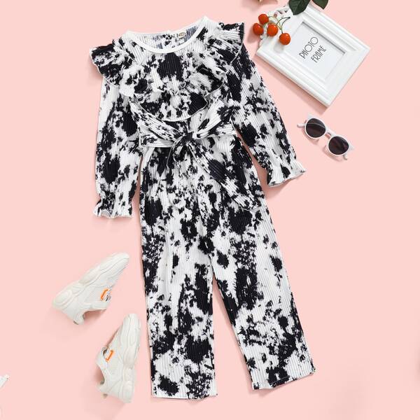 

Toddler Girls Tie Dye Ruffle Trim Belted Jumpsuit, Black and white