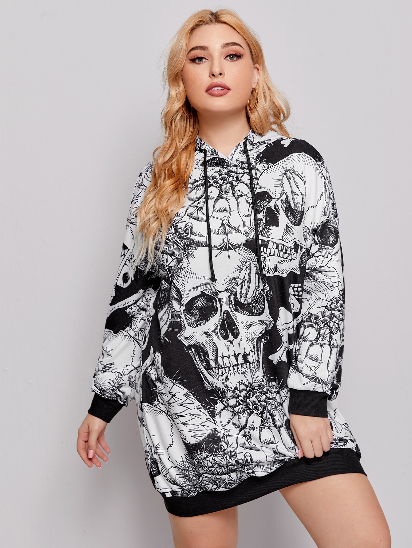 Plus Skull All Over Print Drawstring Hooded Sweatshirt Dress thumbnail