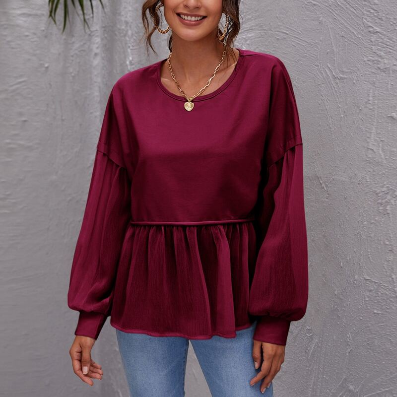 Lantern Sleeve Ruffle Hem Pullover, Maroon