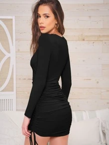 SHEIN BAE Vestido Ajustado Con Cordón Y Cintura Fruncida - Negro - Ver 2