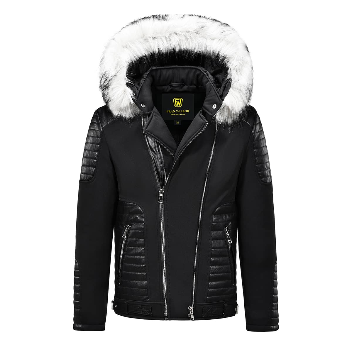 

Guys PU Panel Detachable Faux Fur Hooded Moto Jacket, Black