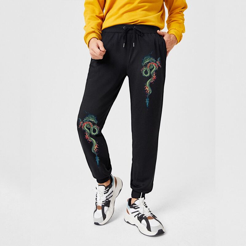 

Guys Chinese Dragon Graphic Pants, Black