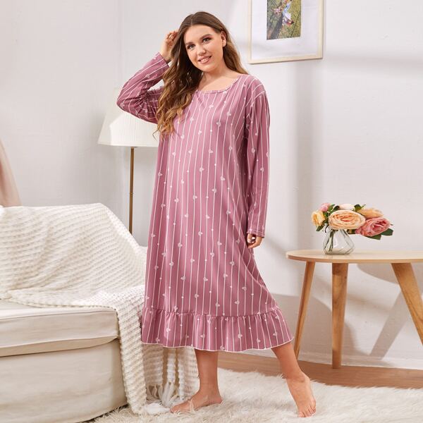 

Plus Heart & Striped Print Ruffle Hem Night Dress, Dusty pink