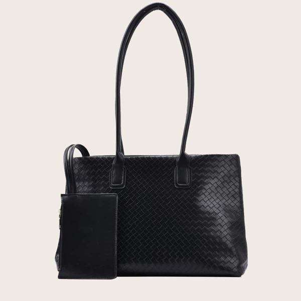 

Woven Pattern Tote Bag With Purse, Black