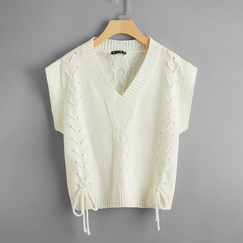 

Lace Up Front Sleeveless Cable Knit Top, Beige