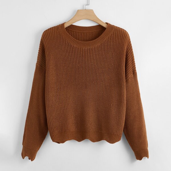 

Plus Ribbed Knit Drop Shoulder Sweater, Coffee brown