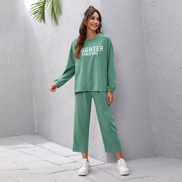 

Drop Shoulder Oversized Letter Graphic Top & Pants, Mint green