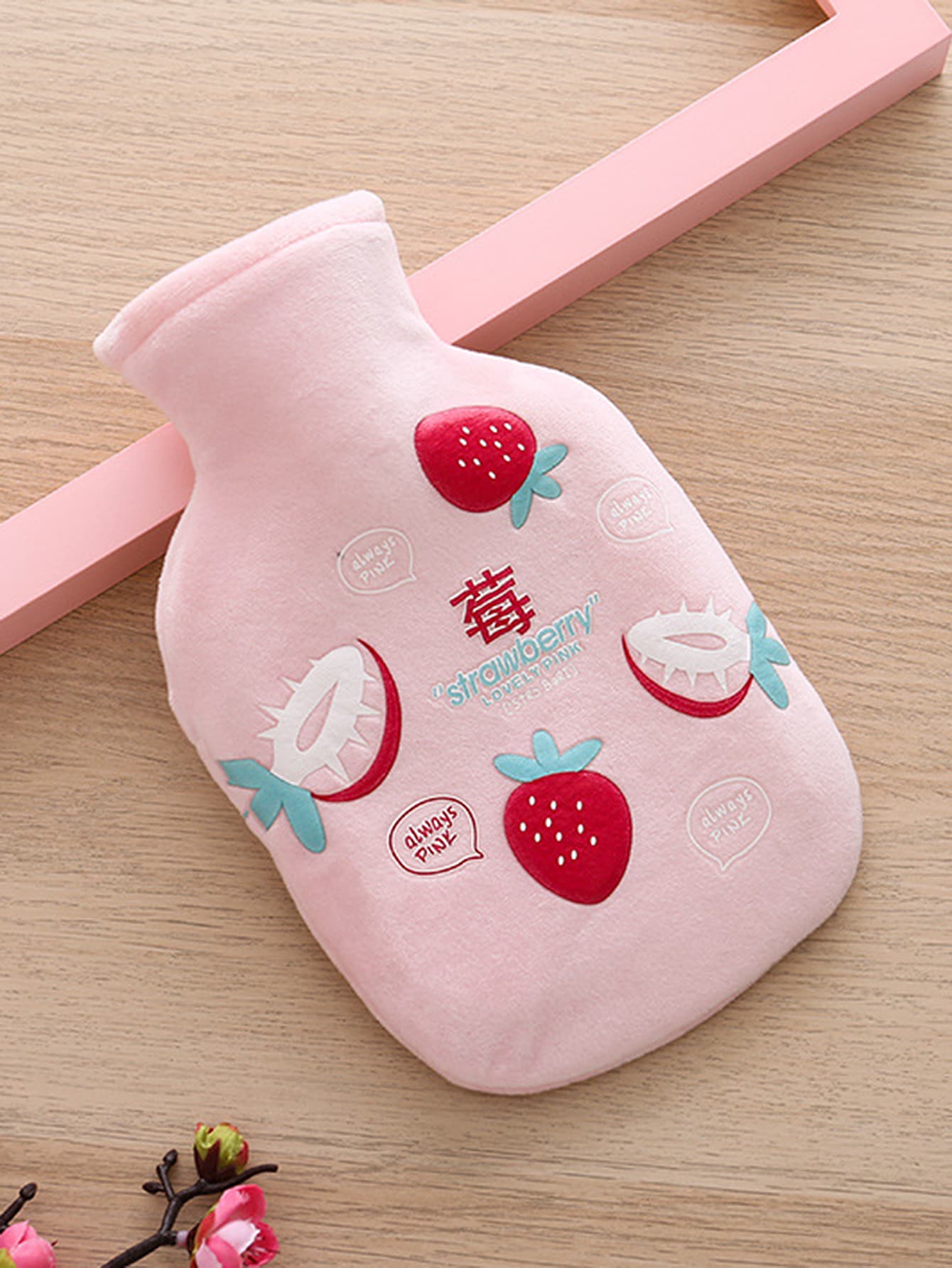 1pc Hot Water Bag With Fruit Pattern Plush Cover - Pink - View 1