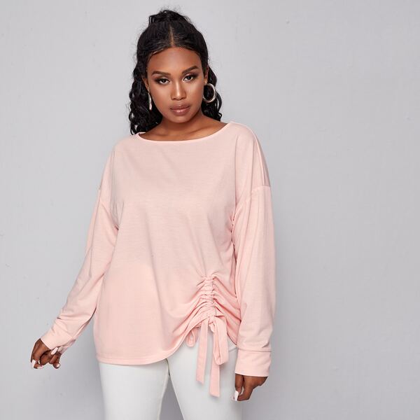 

Plus Drawstring Ruched Drop Shoulder Tee, Baby pink