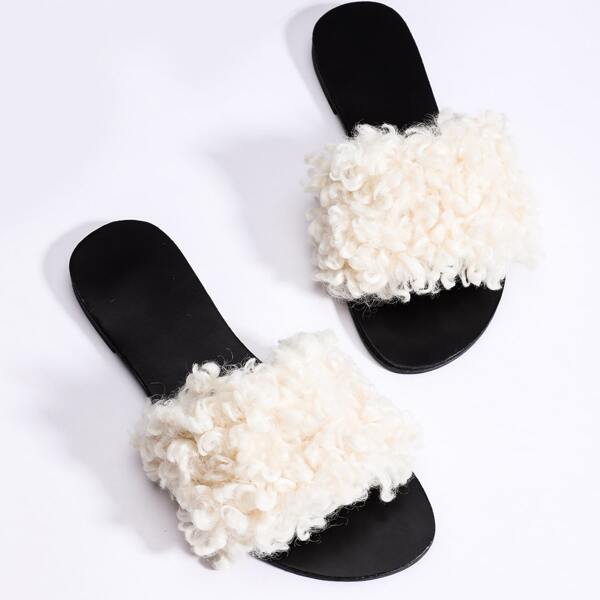 

Open Toe Fluffy Slide Sandals, Beige