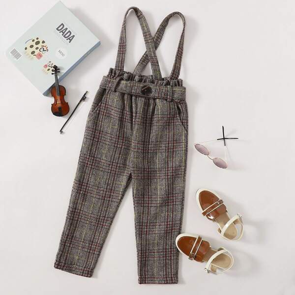 

Toddler Girls Plaid Belted Suspender Pants, Mocha brown