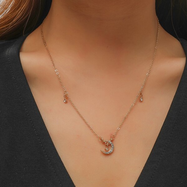 

Rhinestone Moon Charm Necklace, Gold