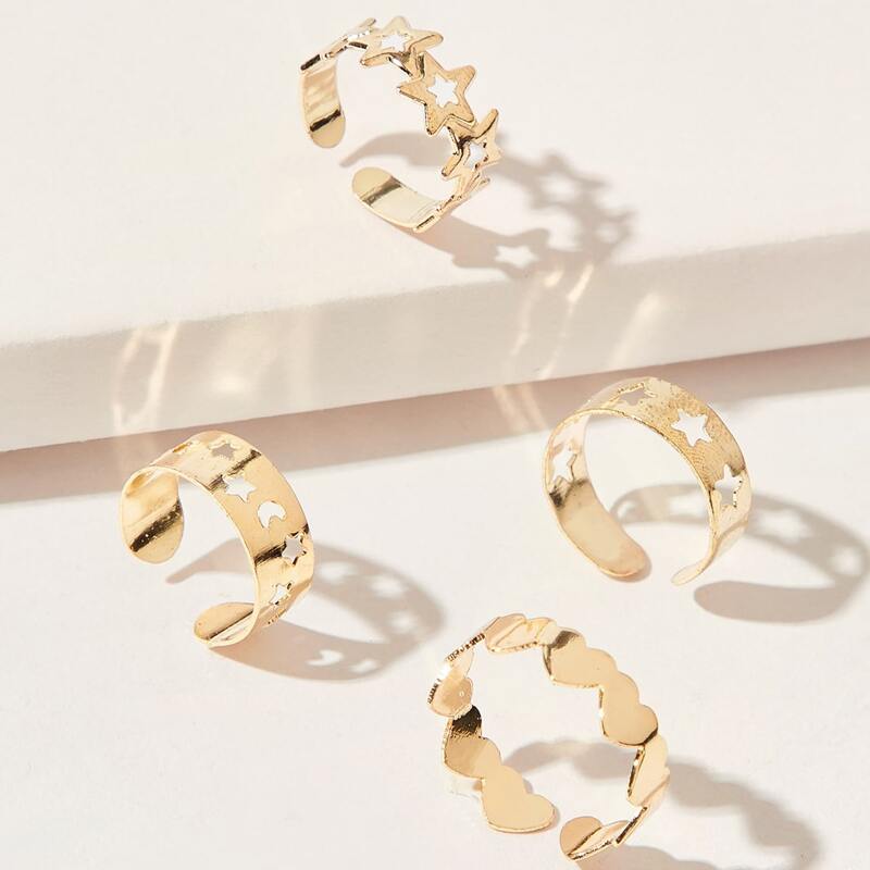 

4pcs Star & Heart Hollow Ring, Gold