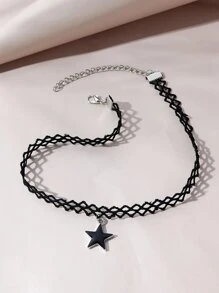 星星吊饰颈链 1 百搭时尚镂空蕾丝油滴星形锁骨项链女士性感哥特式网状蜻蜓方形水钻镶嵌项链
