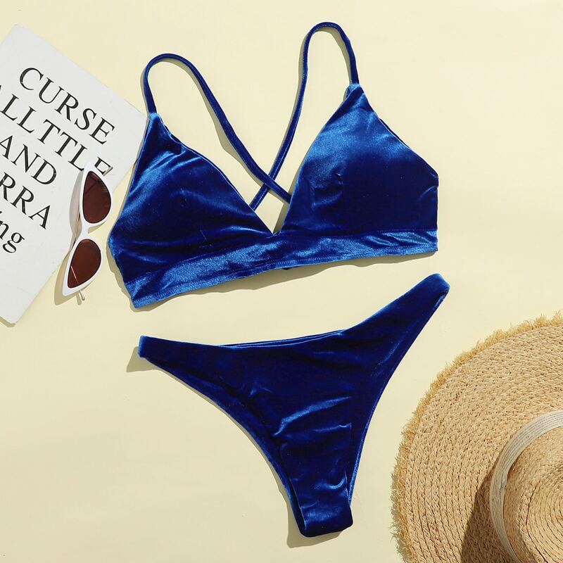 

Velvet Lace-up Back Bikini Swimsuit, Royal blue