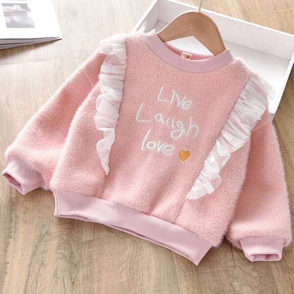 

Toddler Girls Mesh Panel Letter Embroidery Sweatshirt, Baby pink