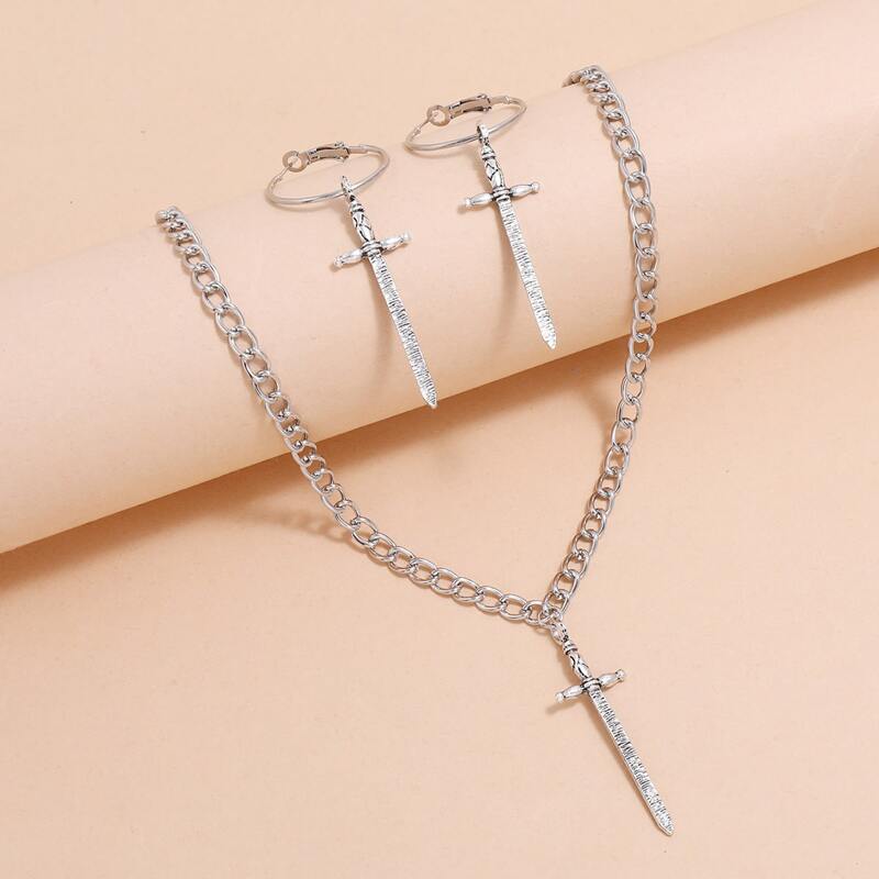 

3pcs Sword Design Jewelry Set, Silver