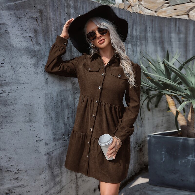 

Corduroy Flap Detail Puff Sleeve Shirt Smock Dress, Chocolate brown