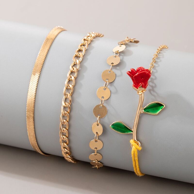 

4pcs Rose & Disc Chain Bracelet, Gold