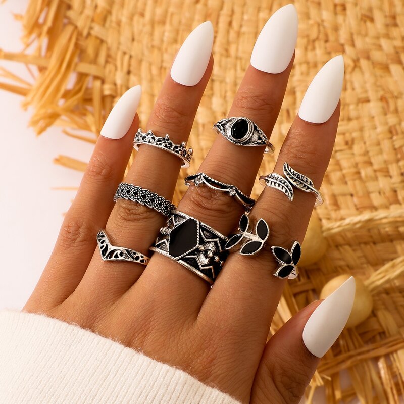 

8pcs Gemstone Leaf Ring, Silver