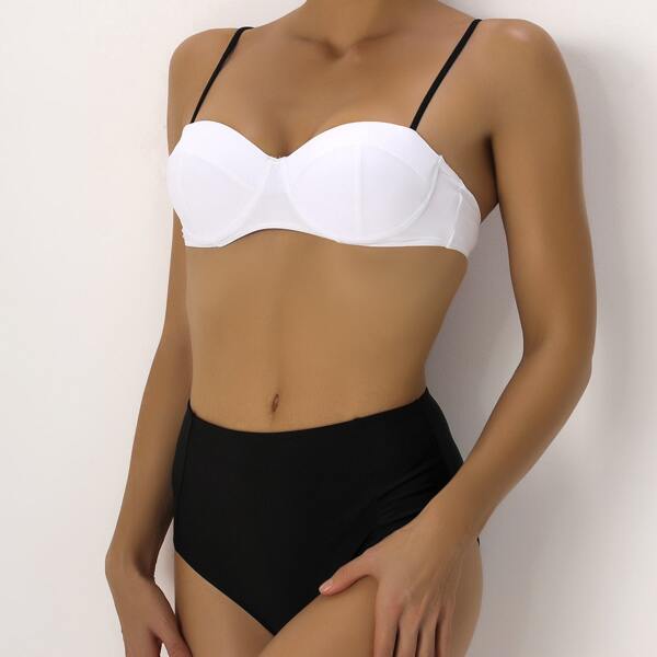 

Two Tone High Waisted Bikini Swimsuit, Black and white