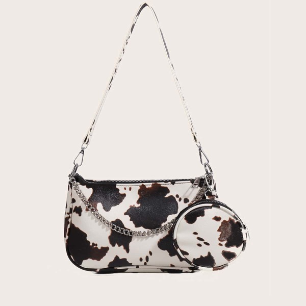 

Cow Print Baguette Bag With Coin Case, Beige