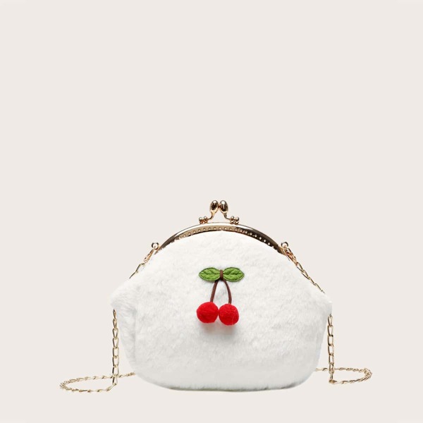 

Girls Cherry Decor Clip Top Fluffy Chain Bag, White