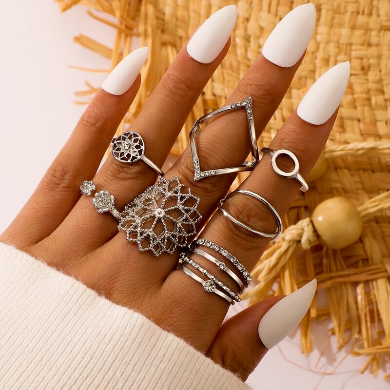 

7pcs Rhinestone Floral & Geo Ring, Silver