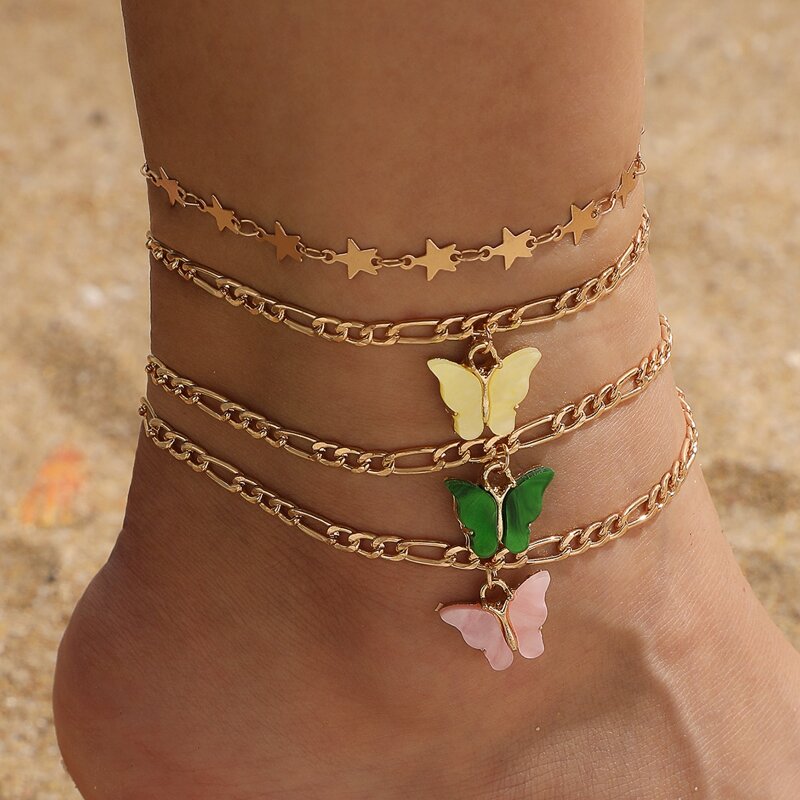 

4pcs Butterfly & Star Chain Anklet, Gold