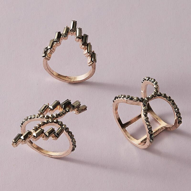 

3pcs Rhinestone Geo Ring, Brown