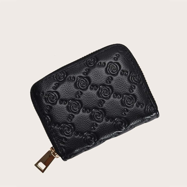 

Rose Flower Embossed Small Purse, Black