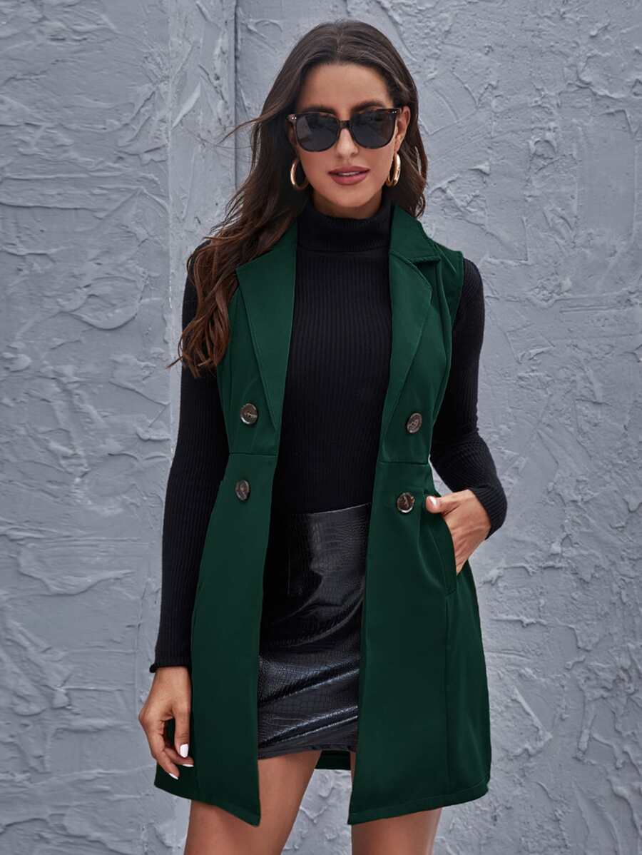 SHEIN Essnce Double Breasted Pocket Vest Coat - Dark Green - View 1