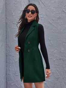 SHEIN Essnce Double Breasted Pocket Vest Coat - Dark Green - View 4