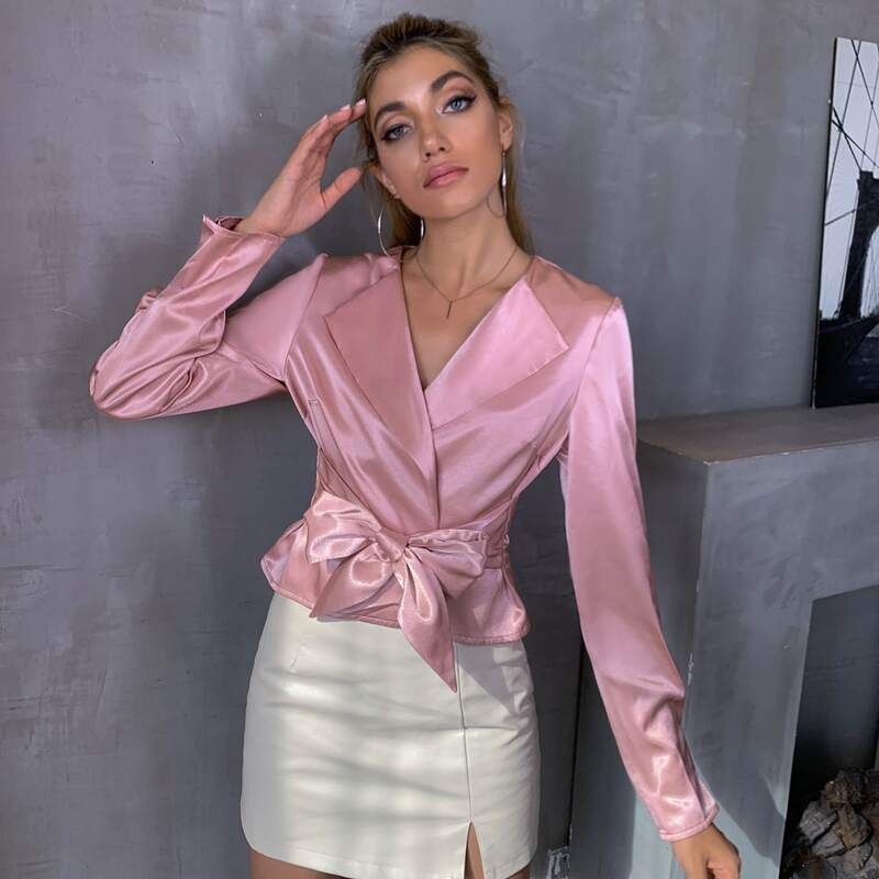 

Tie Front Satin Blazer, Pastel baby pink