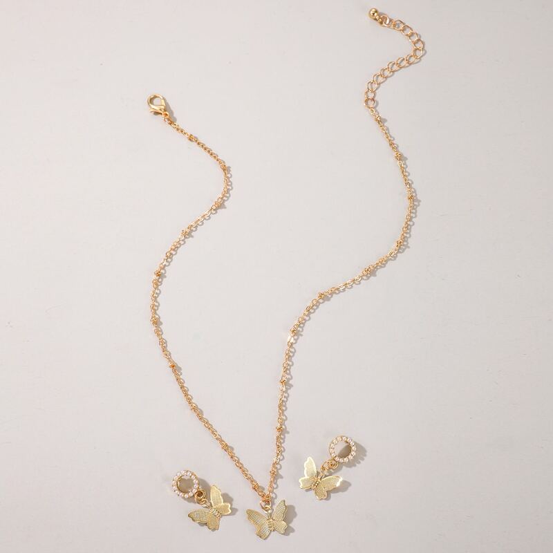 

3pcs Faux Pearl Butterfly Jewelry Set, Gold