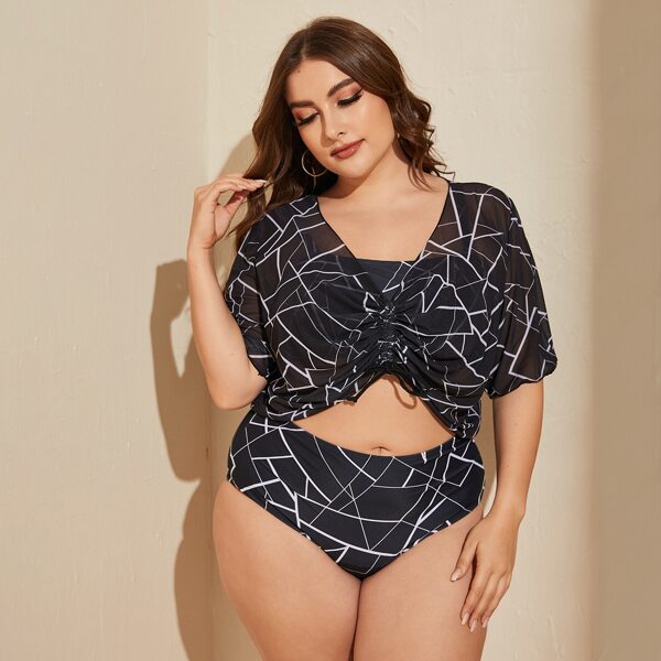 

3pack Plus Geo Print Bikini Swimsuit & Mesh Top, Black and white