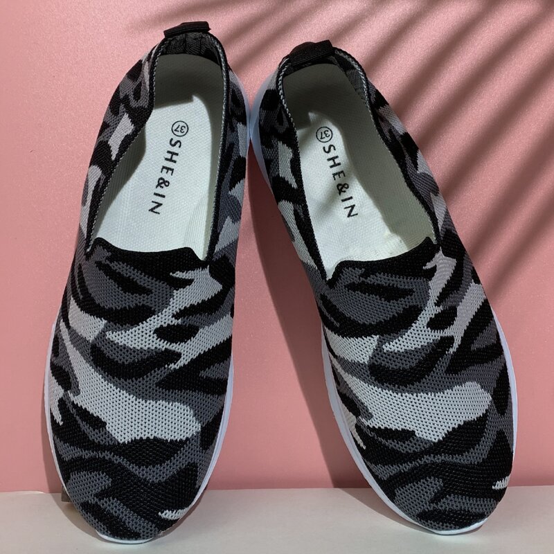 

Camo Print Slip On Sneakers, Black and white