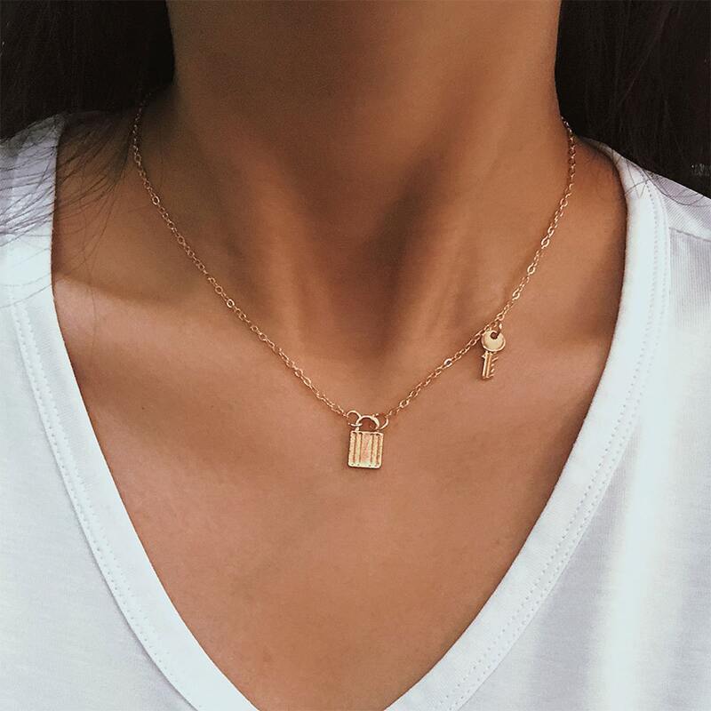 

Lock & Key Design Chain Necklace, Gold