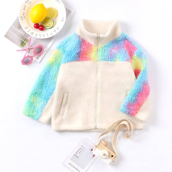 

Toddler Girls Funnel Neck Tie Dye Panel Teddy Coat, Beige