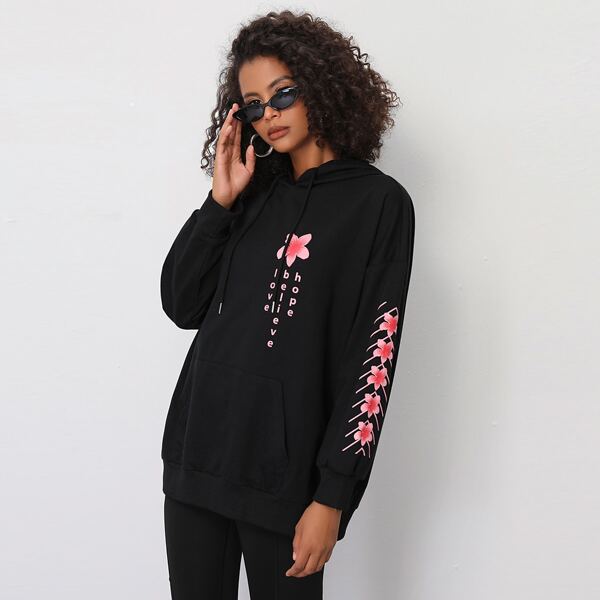 

Drop Shoulder Letter & Floral Print Drawstring Hoodie, Black
