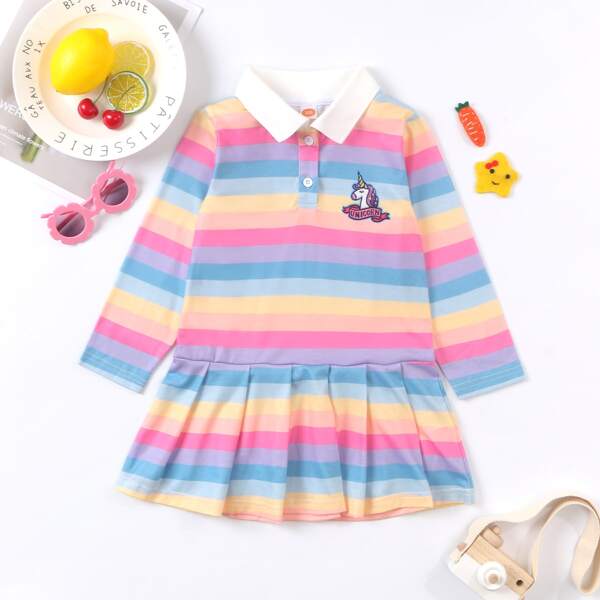 

Toddler Girls Unicorn And Rainbow Striped Pleated Hem Dress, Multicolor