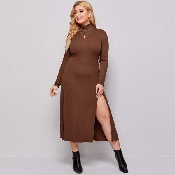 

Plus High Neck Split Thigh Dress, Coffee brown