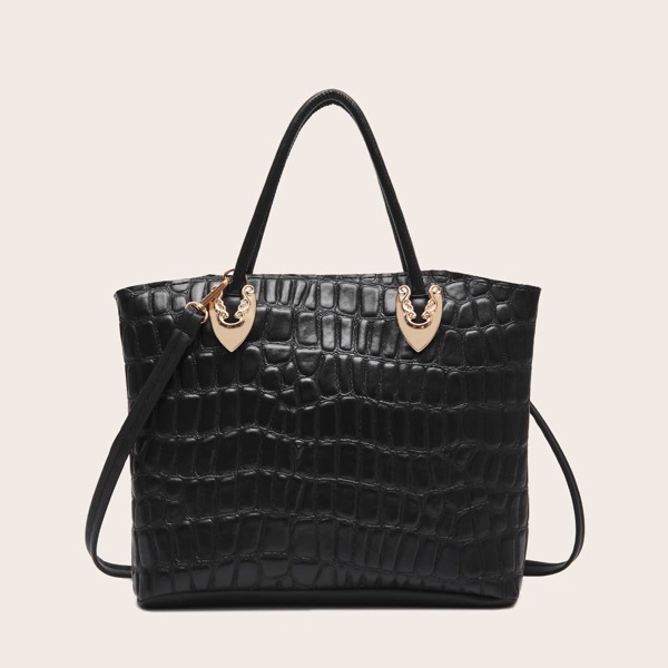 

Croc Embossed Top Handle Bag, Black