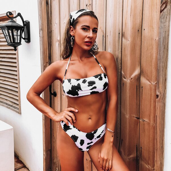 

3pack Cow Print Halter Bikini Swimsuit, Black and white