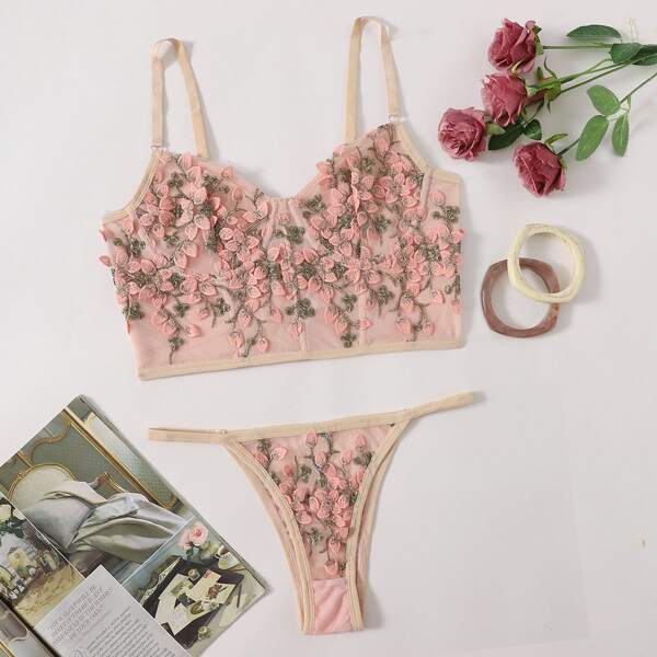 

Embroidered Mesh Underwire Lingerie Set, Pink