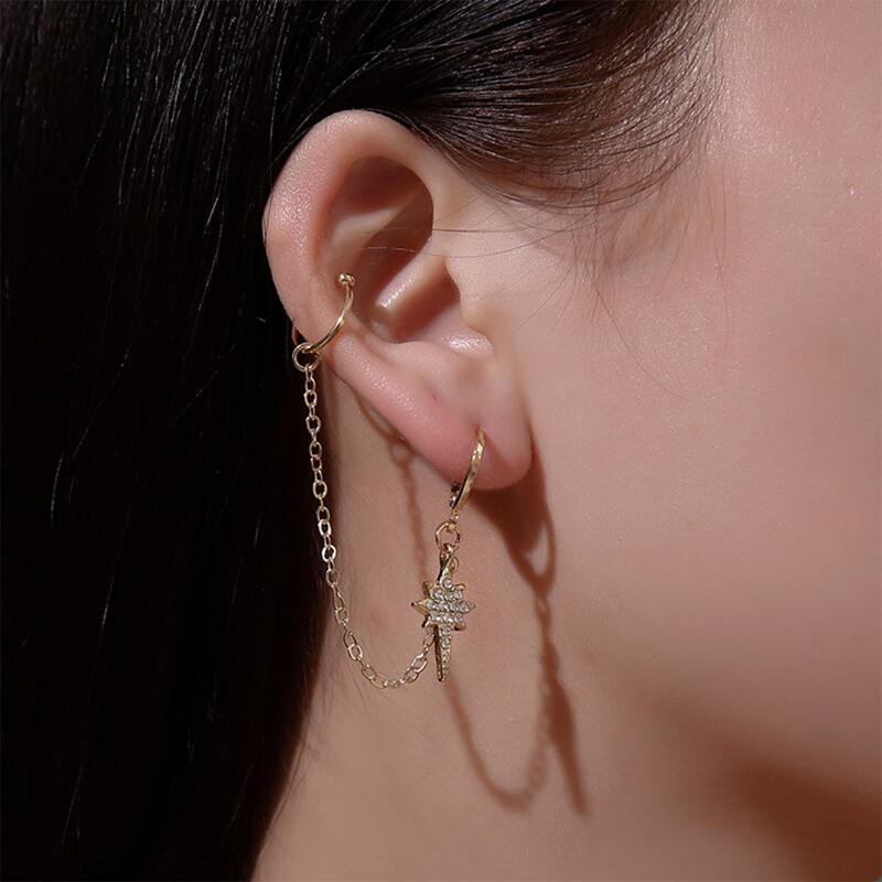 

Rhinestone Star Chain Earrings With Ear Cuff, Gold